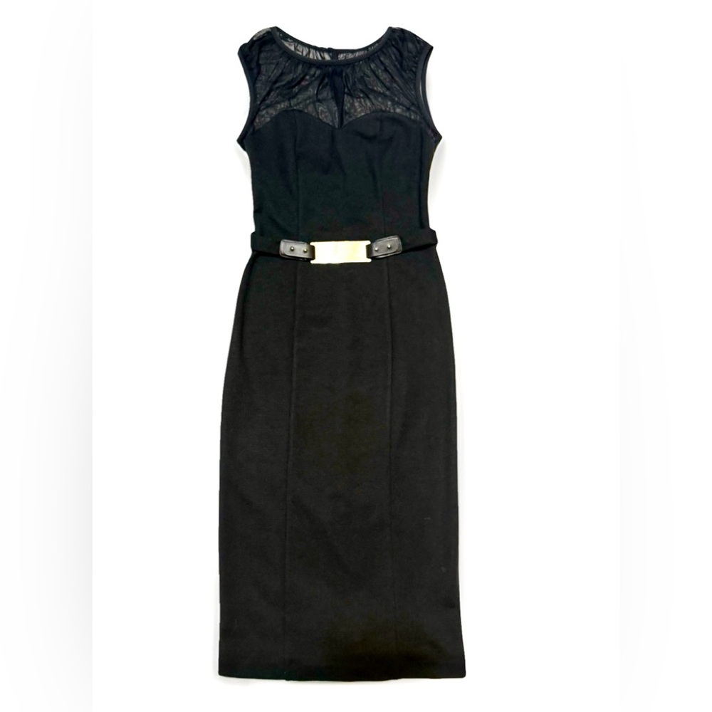 Aside black knit midi slim fit dress with sweetheart neckline and netting